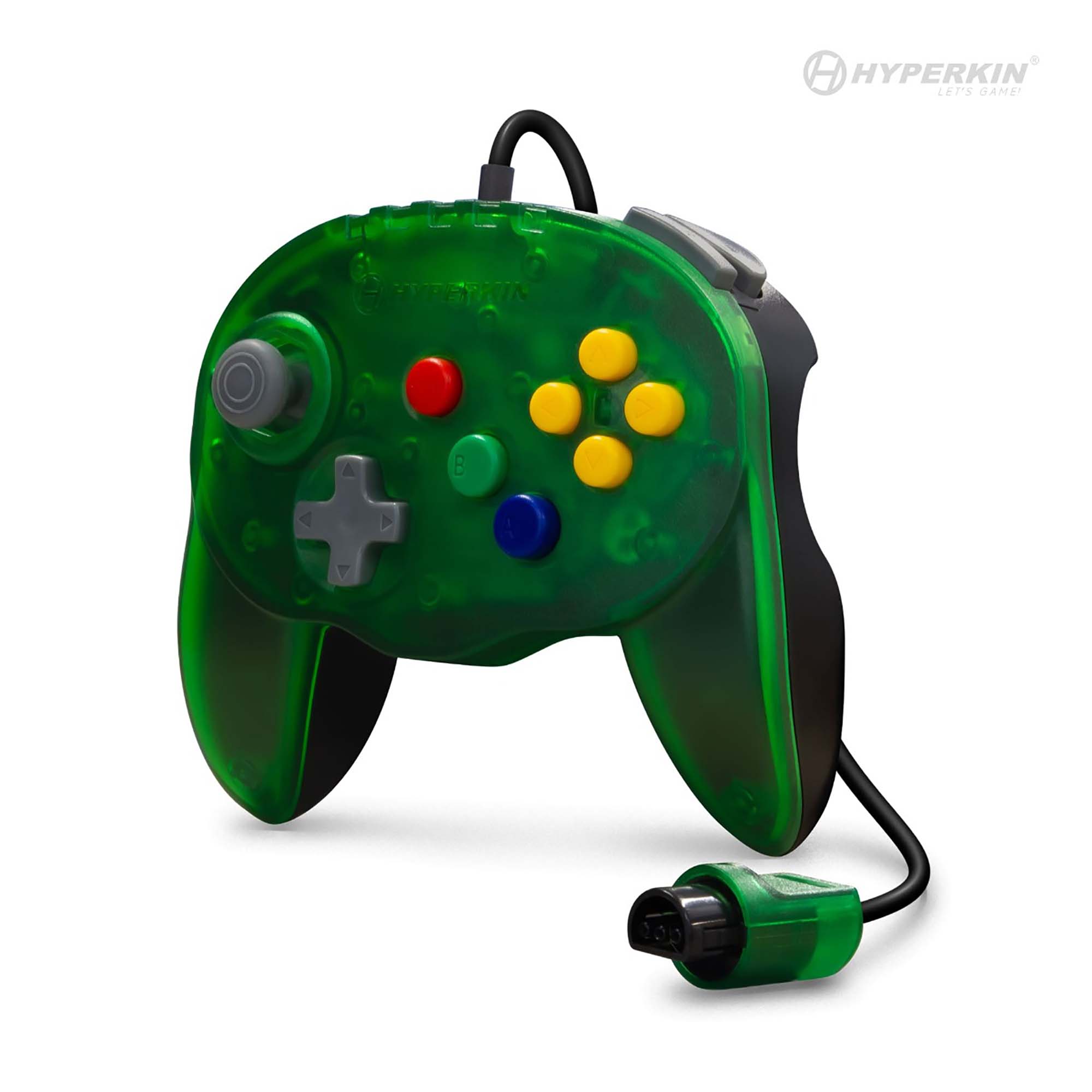 Green translucent wired video game controller featuring a gray directional pad on the left, an analog stick above it, and four colored buttons—yellow, red, green, and blue—on the right. Two shoulder buttons are located at the top. The Hyperkin logo appears in the top right corner.