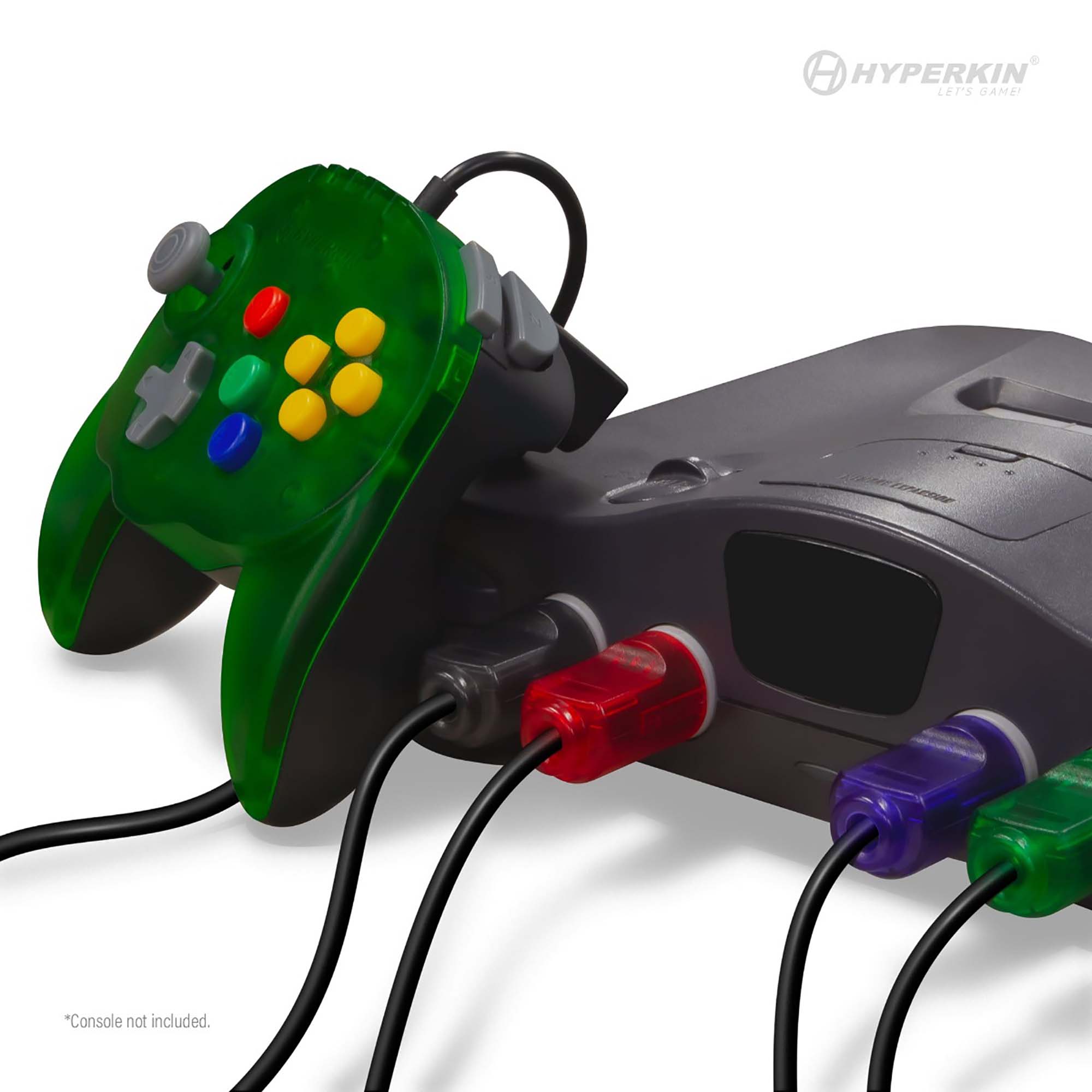 Close-up of a retro gray gaming console with four front controller ports, three of which are occupied. The first controller is green and semi-transparent with a joystick, D-pad, and colorful buttons (yellow, red, blue, and green). The other two controllers are connected via red and purple cables. The Hyperkin logo and slogan 'Let's Game!' appear in the top right corner, and small text at the bottom left reads.