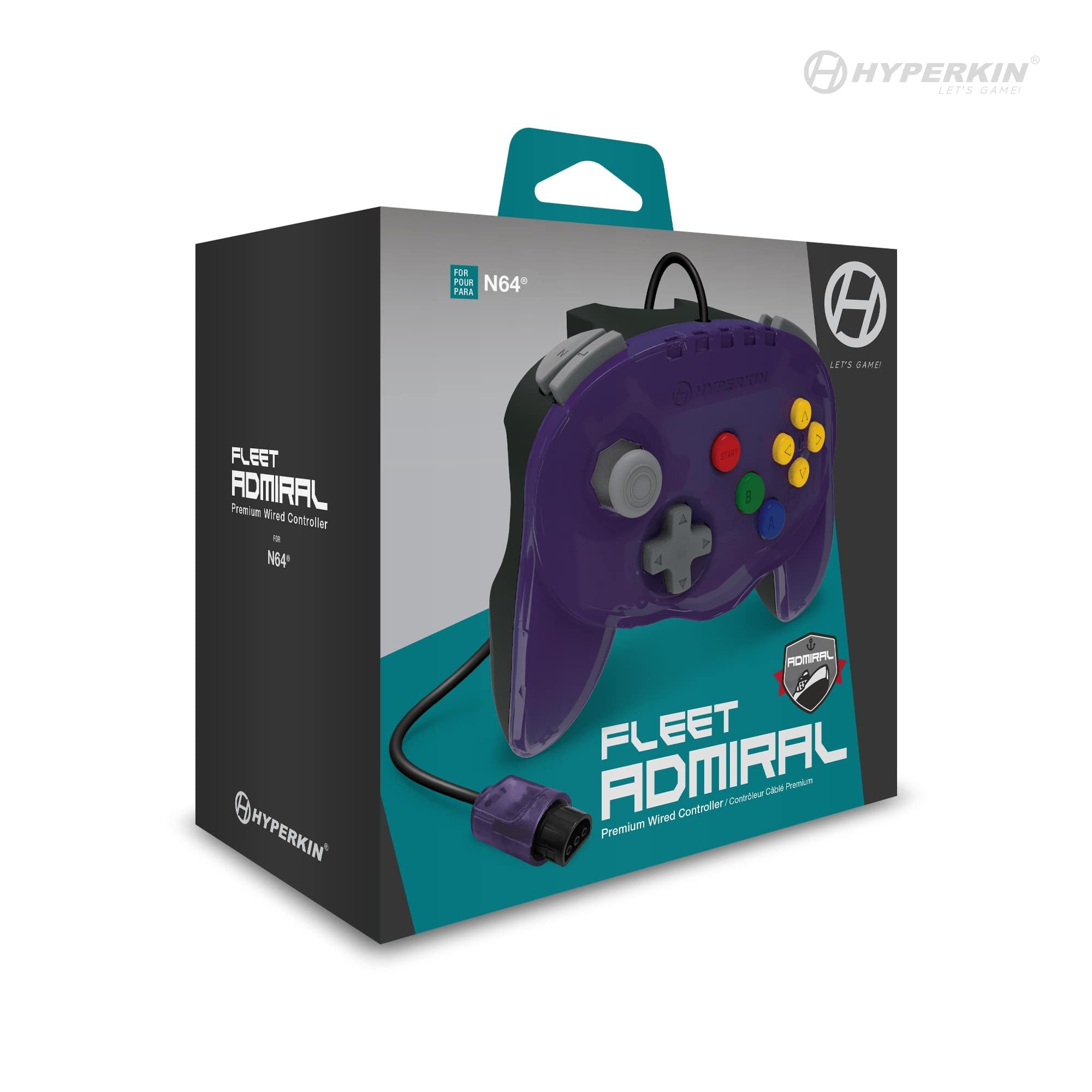 Product box for the 'Fleet Admiral' premium wired controller for the N64 by Hyperkin. The box displays an image of the purple controller with various colored buttons. Text on the box includes 'Fleet Admiral,' 'Premium Wired Controller,' and 'For use with N64.' The Hyperkin logo and slogan 'Let's Game!' appear in the top right corner.
