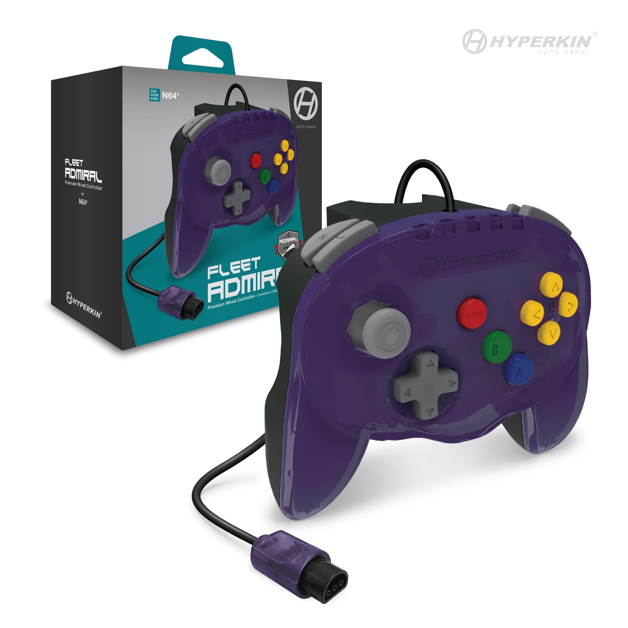 Hyperkin Fleet Admiral Premium Wired Controller for the N64 gaming console, shown in purple with gray analog sticks and buttons, and colorful action buttons labeled A, B, C, and Start. The packaging box is visible in the background, displaying an image of the controller and branding details.