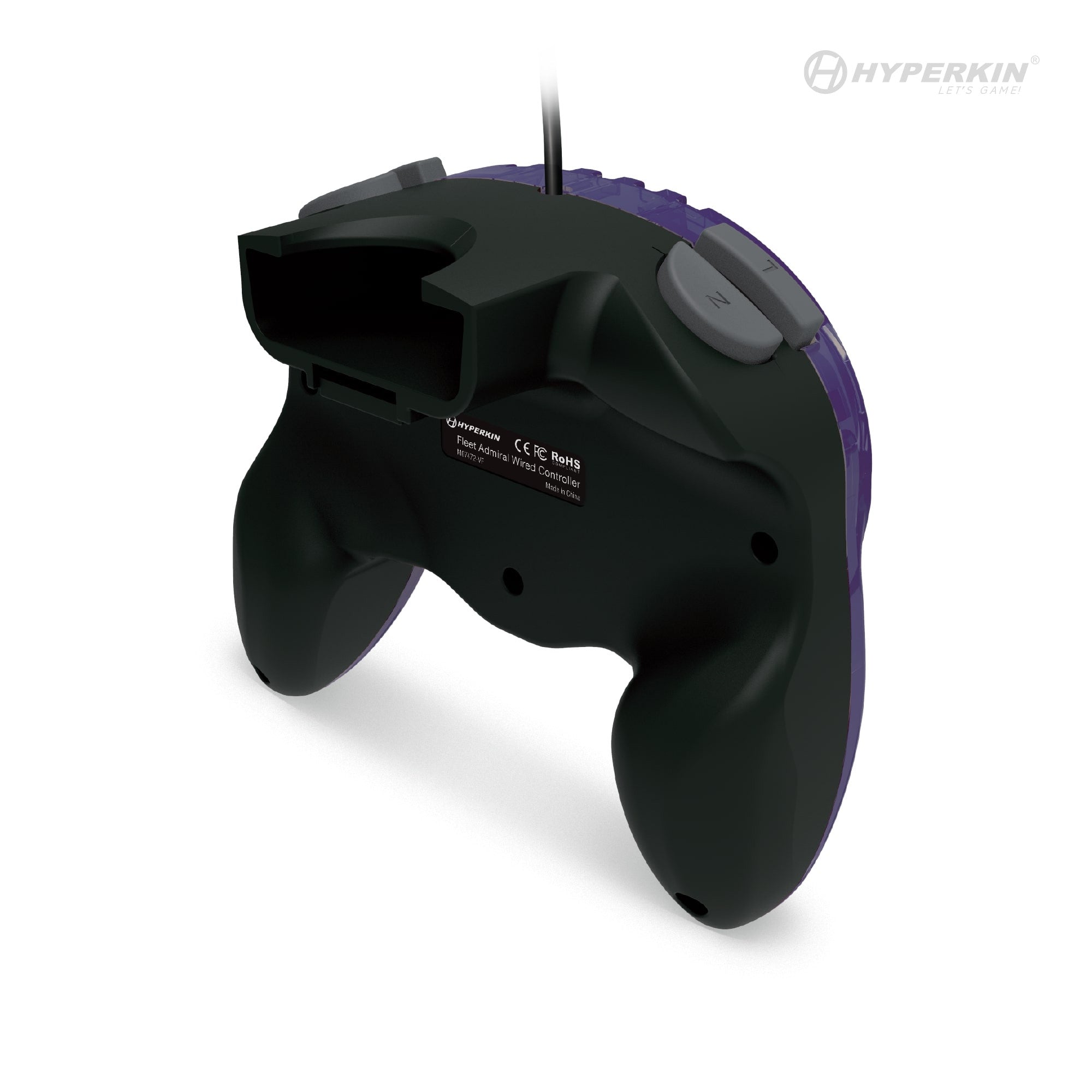 Back view of a black and purple gaming controller with a top-mounted cable, two large grips, and two gray 'Z' buttons on the top side. A central label includes text such as 'Hyperkin,' 'CE,' and 'RoHS.' The Hyperkin logo appears in the top right corner.