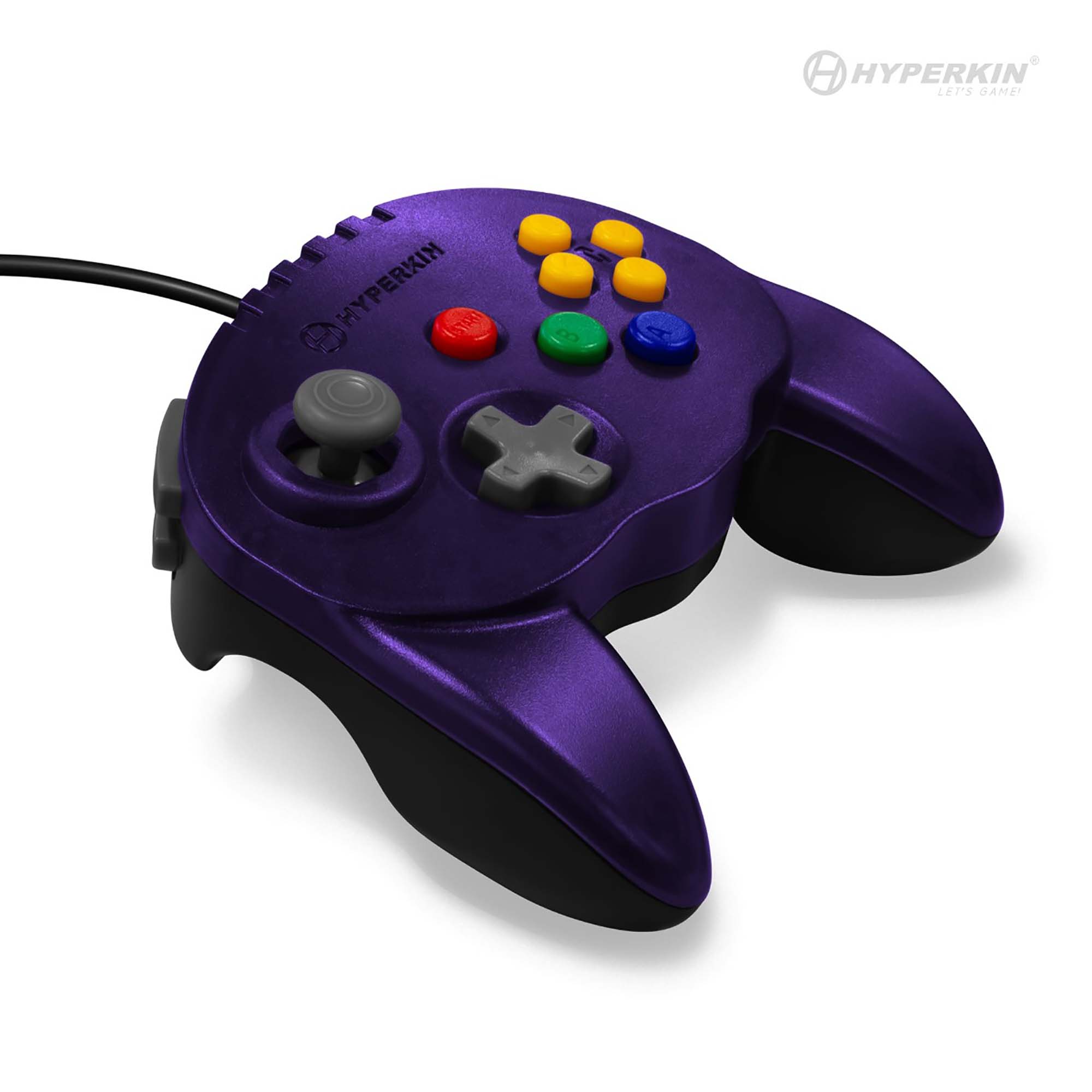 Purple Hyperkin wired game controller featuring a gray joystick on the left, a gray D-pad below it, and six colored buttons on the right: two yellow at the top, one red in the middle, one green below, and one blue at the bottom. The Hyperkin logo and text are printed above the buttons.