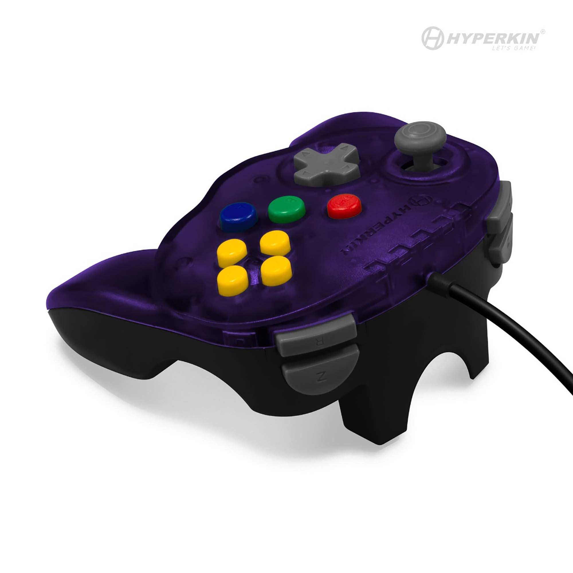 Hyperkin video game controller with a translucent purple top and black bottom, featuring a gray directional pad, analog stick, blue, green, and red buttons, and four yellow buttons arranged in a diamond pattern. Two gray 'Z' shoulder buttons are on either side, and a cable extends from the right side. The Hyperkin logo and slogan 'Let's Game!' appear in the top right corner.