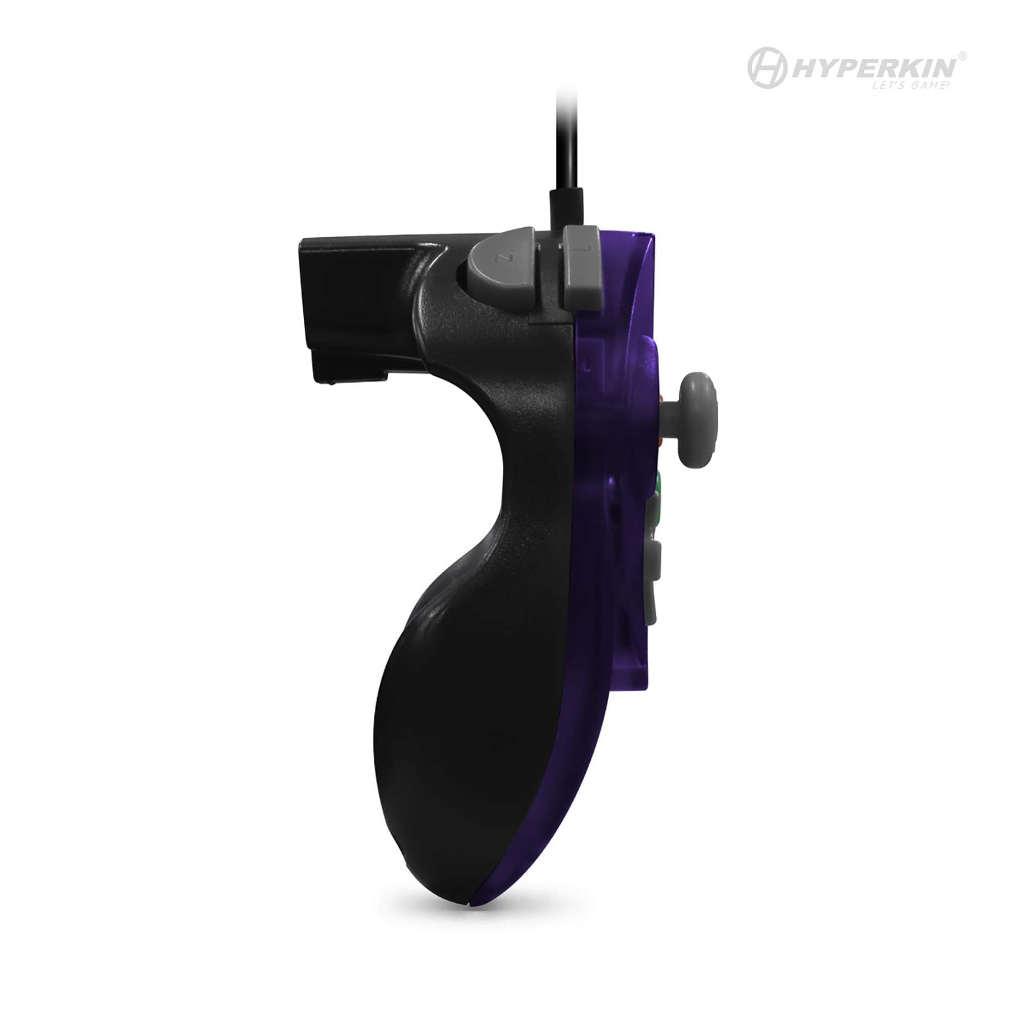 Side view of a black and purple wired gaming controller with an ergonomic grip, gray joystick, and several buttons on the side. The Hyperkin logo appears in the top right corner.