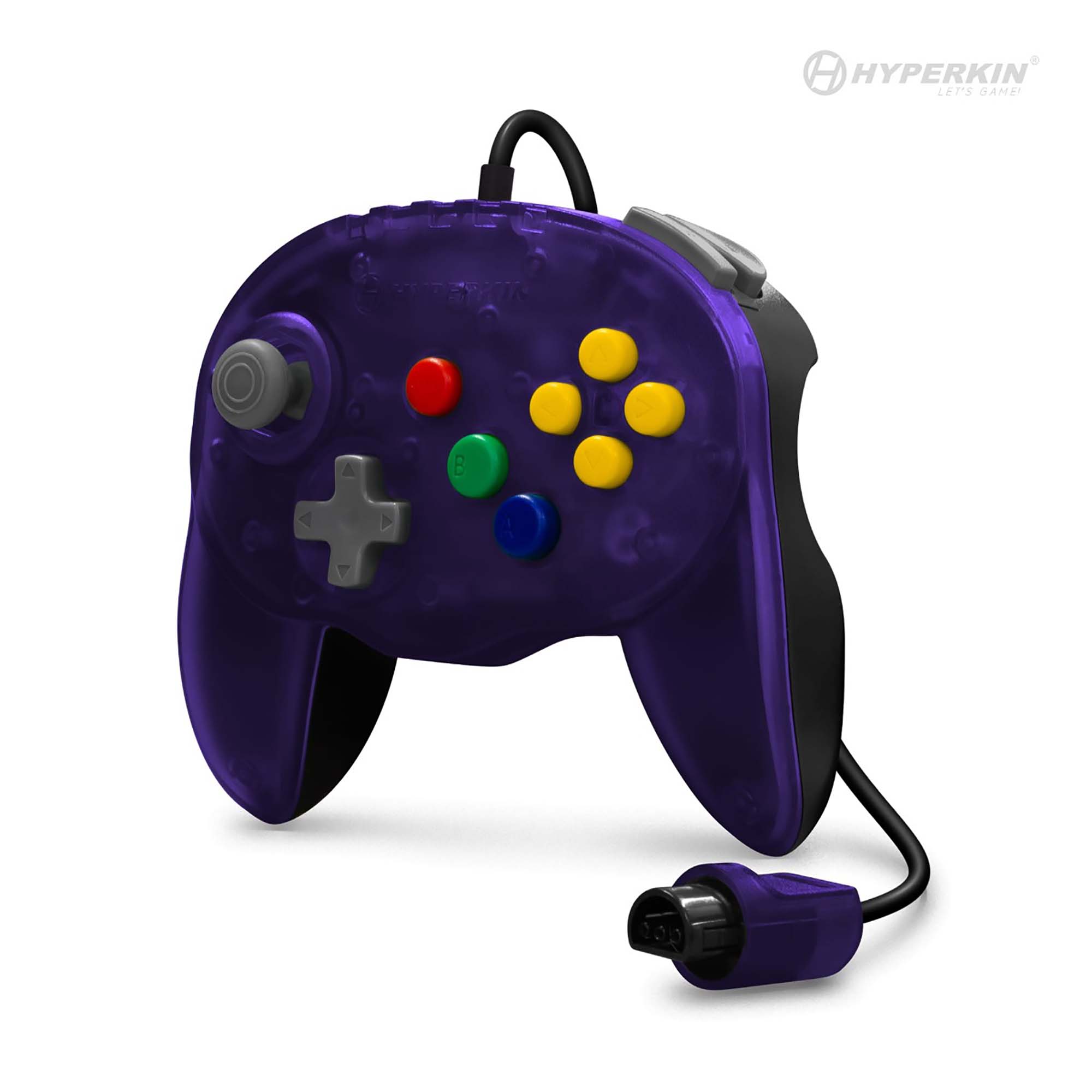 Purple Hyperkin game controller with a transparent casing, featuring a gray joystick on the left, a red button above it, four yellow buttons in a diamond shape on the right, and green and blue buttons below. A gray D-pad is located on the lower left. The cable is attached at the top and ends with a connector plug. The Hyperkin logo and slogan 'Let's Game!' appear in light gray at the top right corner.