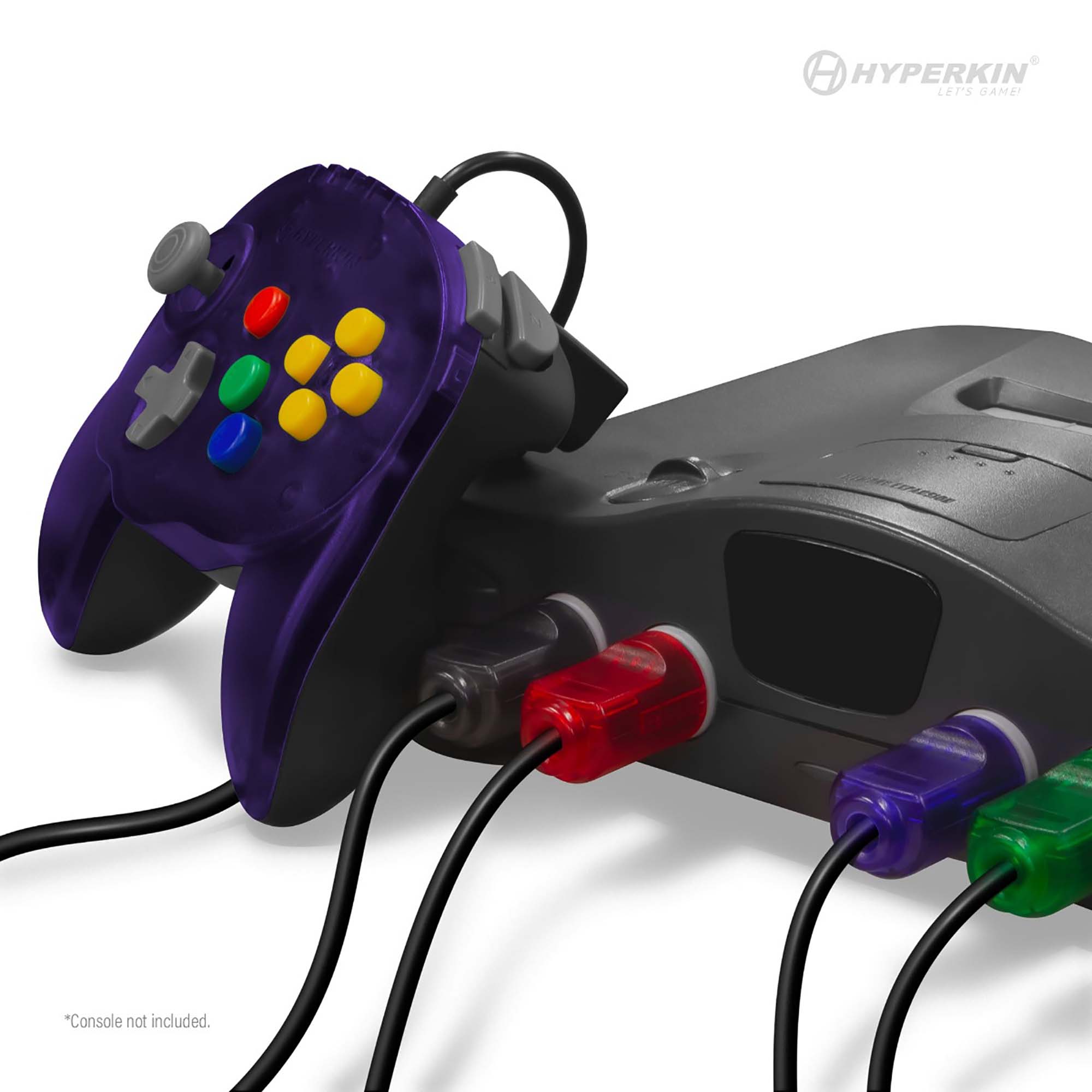 Hyperkin gaming console with a translucent purple controller connected, featuring a gray joystick, gray D-pad, and six colorful buttons (yellow, green, blue, and red). The console has four ports with cables plugged in: gray, red, purple, and green. The Hyperkin logo and text 'HYPERKIN Let's Game' appear in the top right corner, and small text at the bottom left reads 'Console not included.