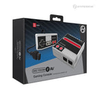 Packaging of Hyperkin RetroN 1 AV Gaming Console for NES games, featuring white console with black and red accents, classic-style controller with A and B buttons, and Hyperkin branding.