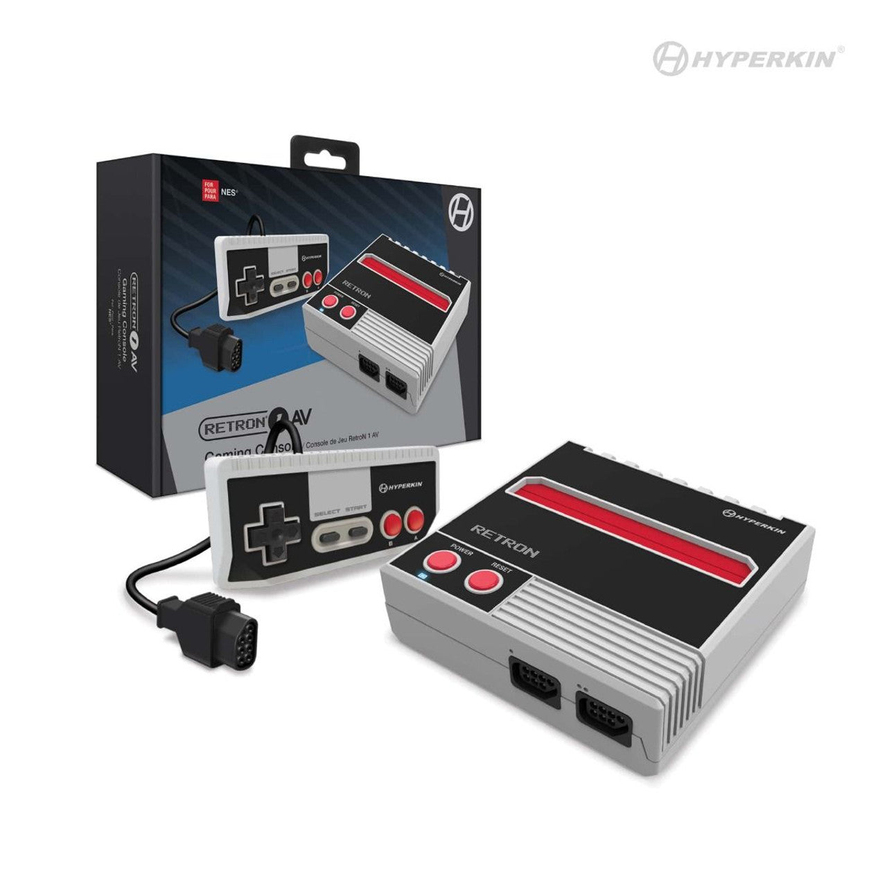 Hyperkin RetroN 1 AV Gaming Console for NES with gray and black design, red accents, dual controller ports, NES-style controller, and branded packaging box. Ideal for retro gaming enthusiasts.