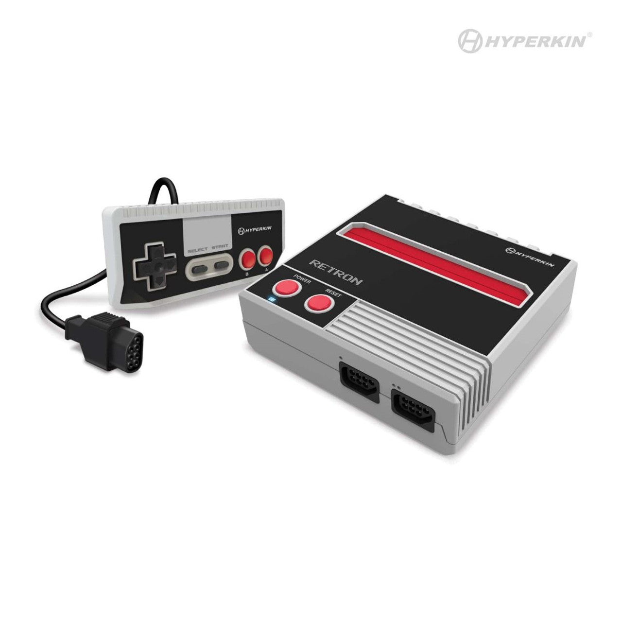 Hyperkin RetroN gaming console and controller featuring a black and gray design, red power and reset buttons, Hyperkin logo, and classic A/B controls for retro NES gameplay.