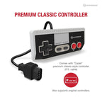 Hyperkin Premium Classic Controller with retro black and gray design, red A and B buttons, gray Select and Start buttons, 5-foot cable, and 8-pin connector. Compatible with original controllers for classic gaming experience.