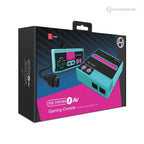 Packaging of Hyperkin Retron 1 AV Gaming Console for NES, featuring turquoise and black console with pink buttons, cartridge slot, dual controller ports, and matching retro-style controller.