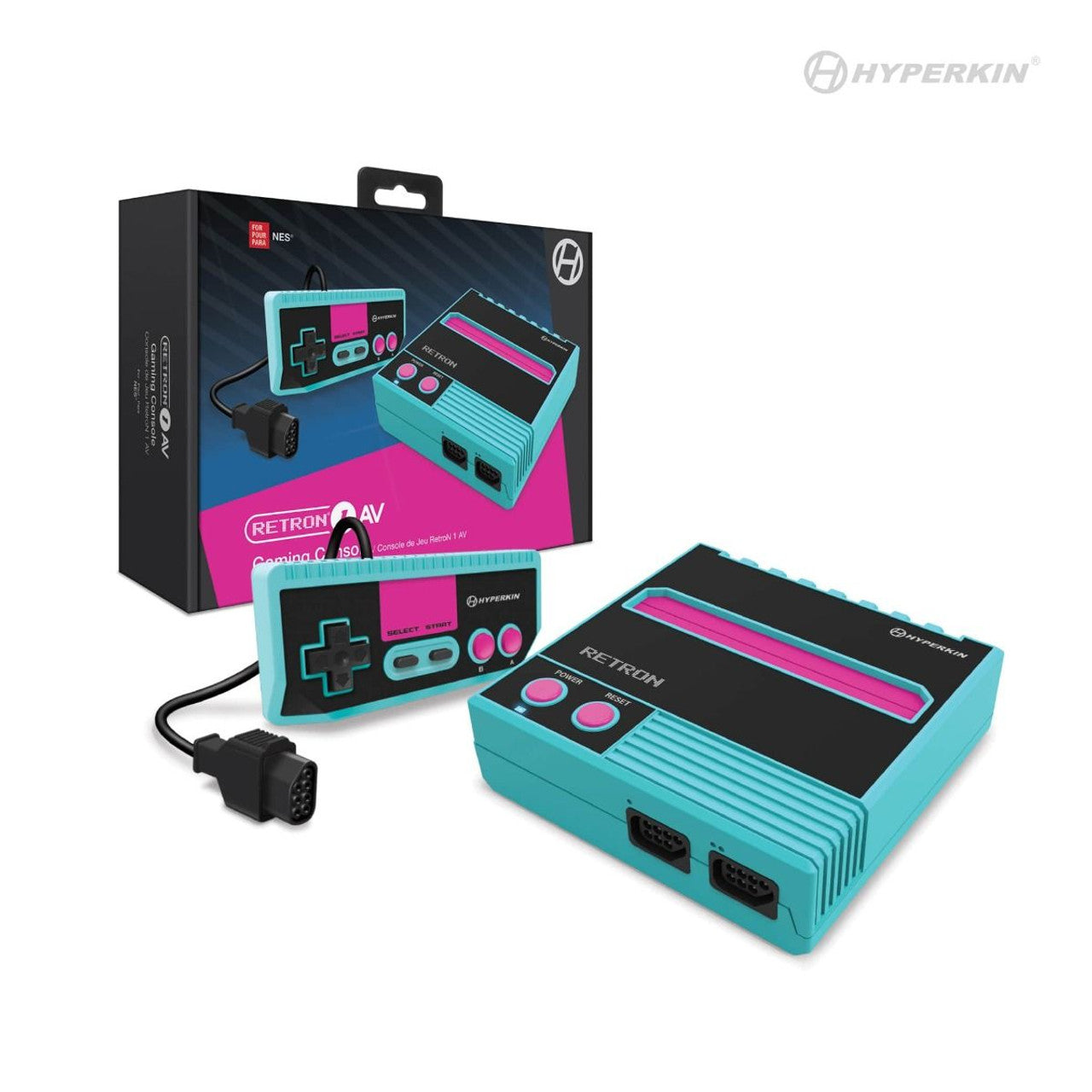Hyperkin Retron 1 AV gaming console in turquoise with black and pink accents, dual controller ports, matching retro-style controller, and branded packaging. Designed for classic NES gameplay.