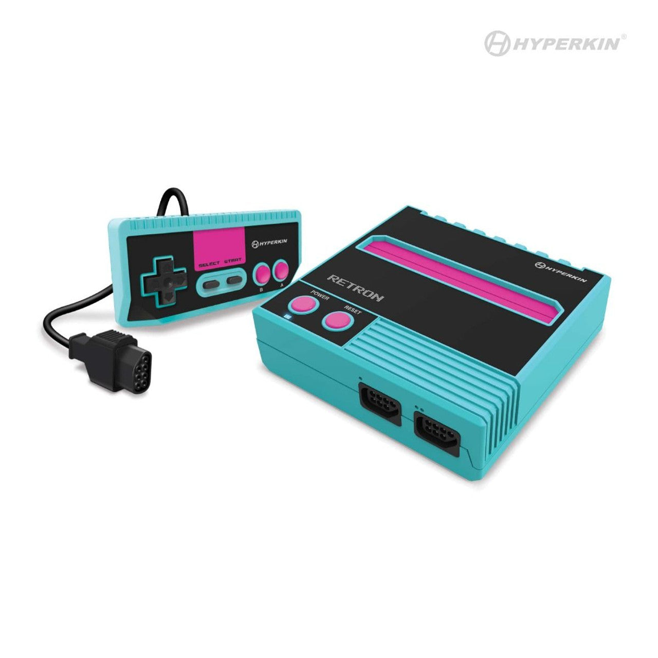 A RetroN 1 gaming console with a modern design, accompanied by a classic style controller, designed to play NES cartridges.