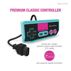 Hyperkin Premium Classic Controller with retro black design, turquoise and pink accents, D-pad, A and B buttons, Select and Start buttons, and 5-foot cable. Compatible with original controllers for classic gaming.