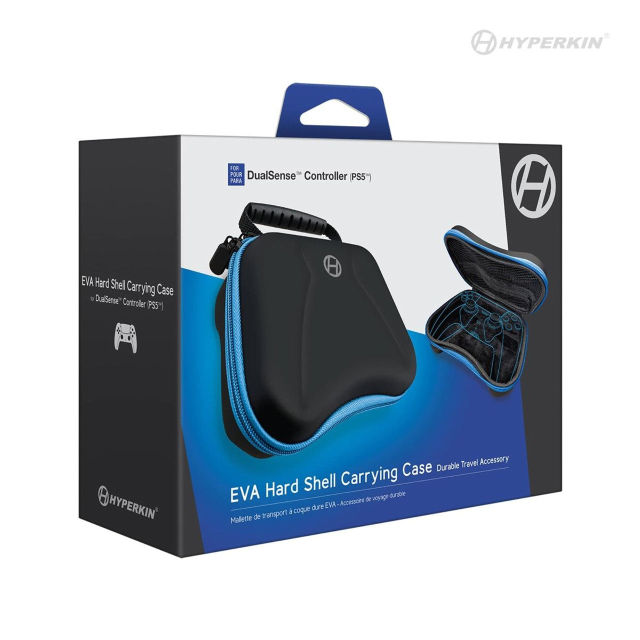 Packaging of Hyperkin EVA Hard Shell Carrying Case for PS5 DualSense Controller, featuring black and blue design with handle and interior molded to securely hold controller; labeled as durable travel accessory.