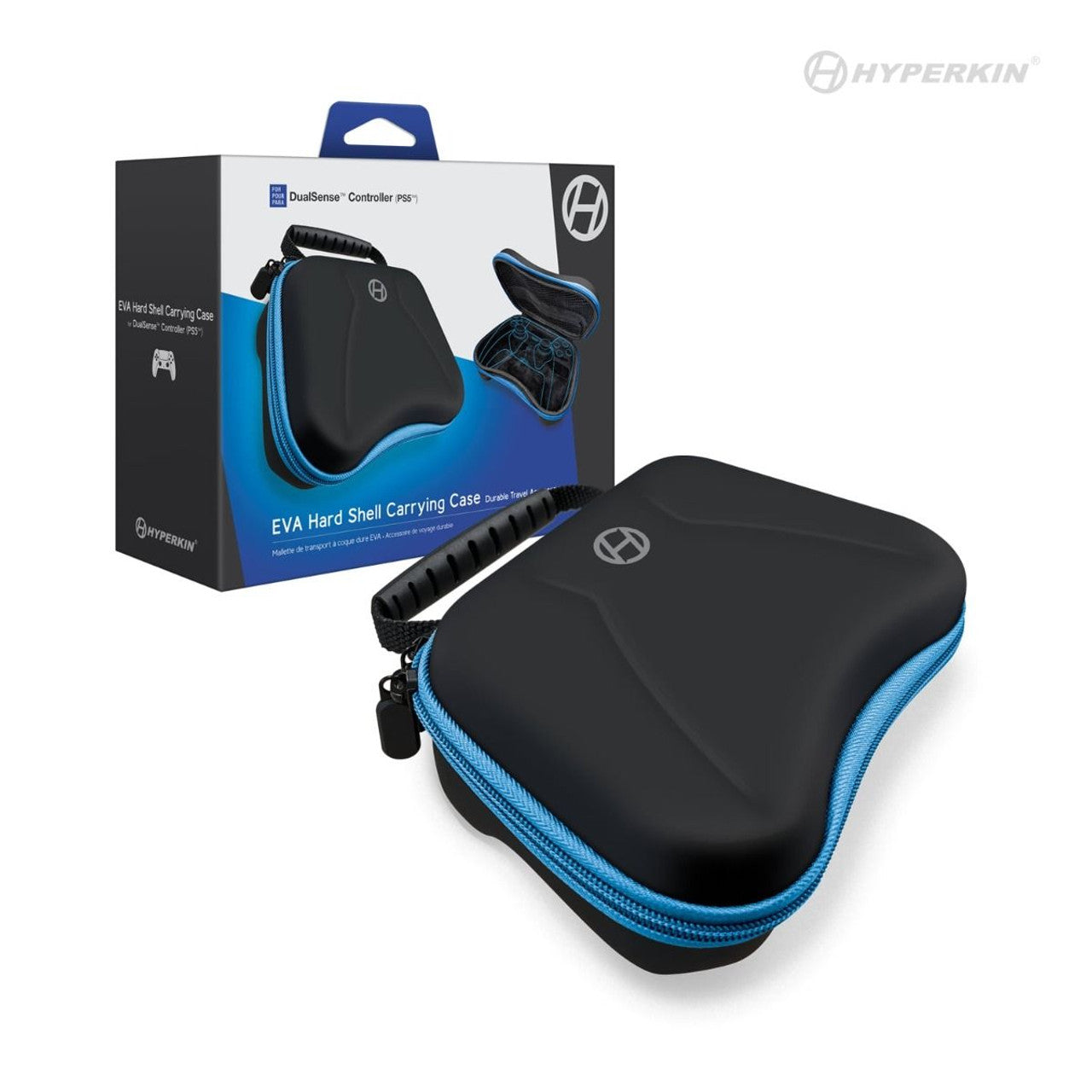 Hyperkin EVA Hard Shell Carrying Case for PS5 DualSense Controller in black with blue zipper and handle, shown with packaging that displays interior compartments for secure storage and transport.