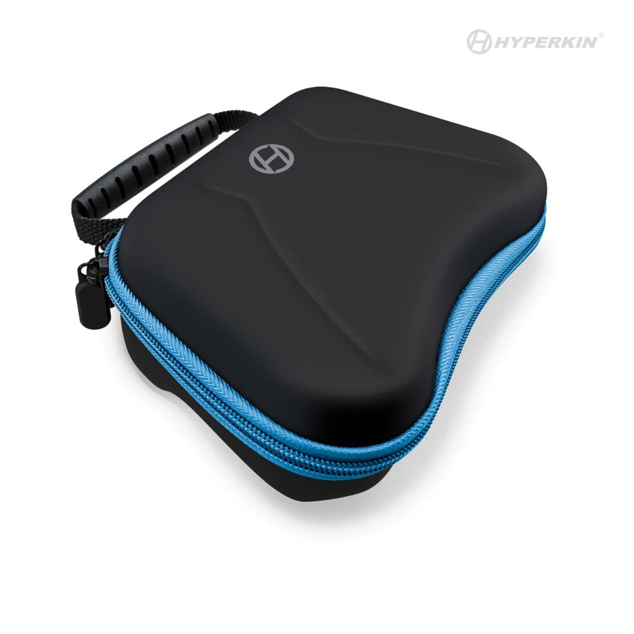 Black Hyperkin carrying case with blue zipper and handle, featuring Hyperkin logo on top; designed for portable gaming accessory storage.
