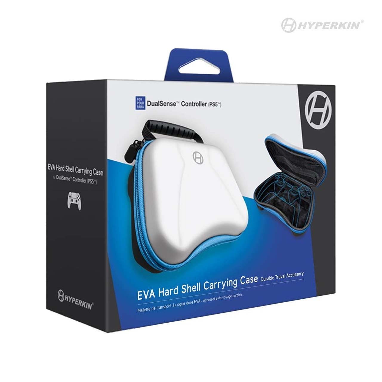 Hyperkin EVA hard shell carrying case packaging with blue and white design