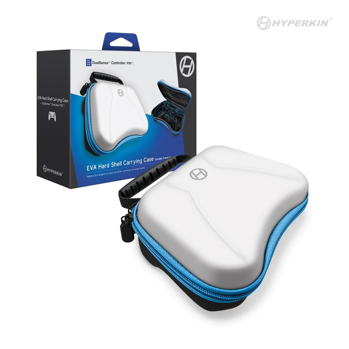 White and blue EVA hard shell carrying case with Hyperkin logo next to its packaging.