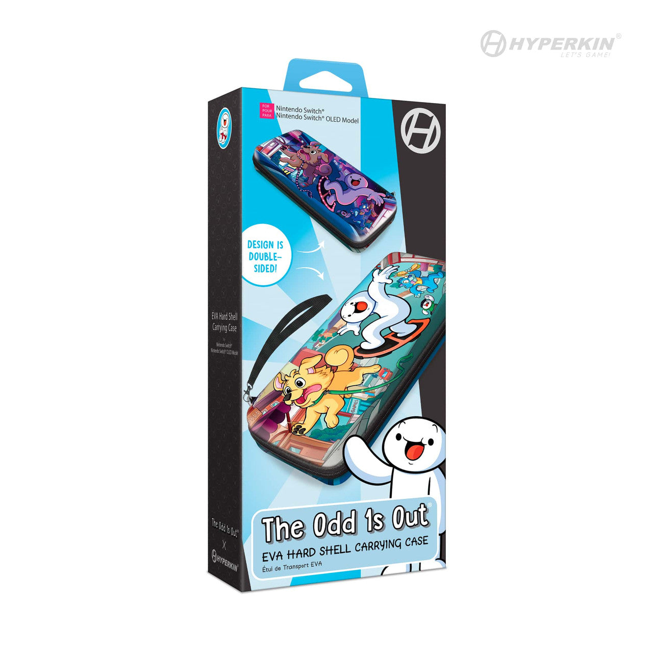 Hyperkin EVA Hard Shell Carrying Case for Nintendo Switch OLED featuring 'The Odd 1s Out' design by Thomas Ridgewell, with colorful cartoon characters including a white figure with red dot and yellow dog; packaging highlights double-sided artwork.