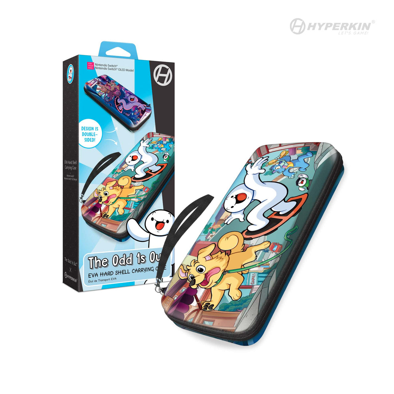 Hyperkin EVA Hard Shell Carrying Case for Nintendo Switch OLED featuring 'The Odd 1s Out' design by Thomas Ridgewell, with colorful cartoon characters including a white figure with red dot and yellow dog; packaging highlights double-sided artwork.