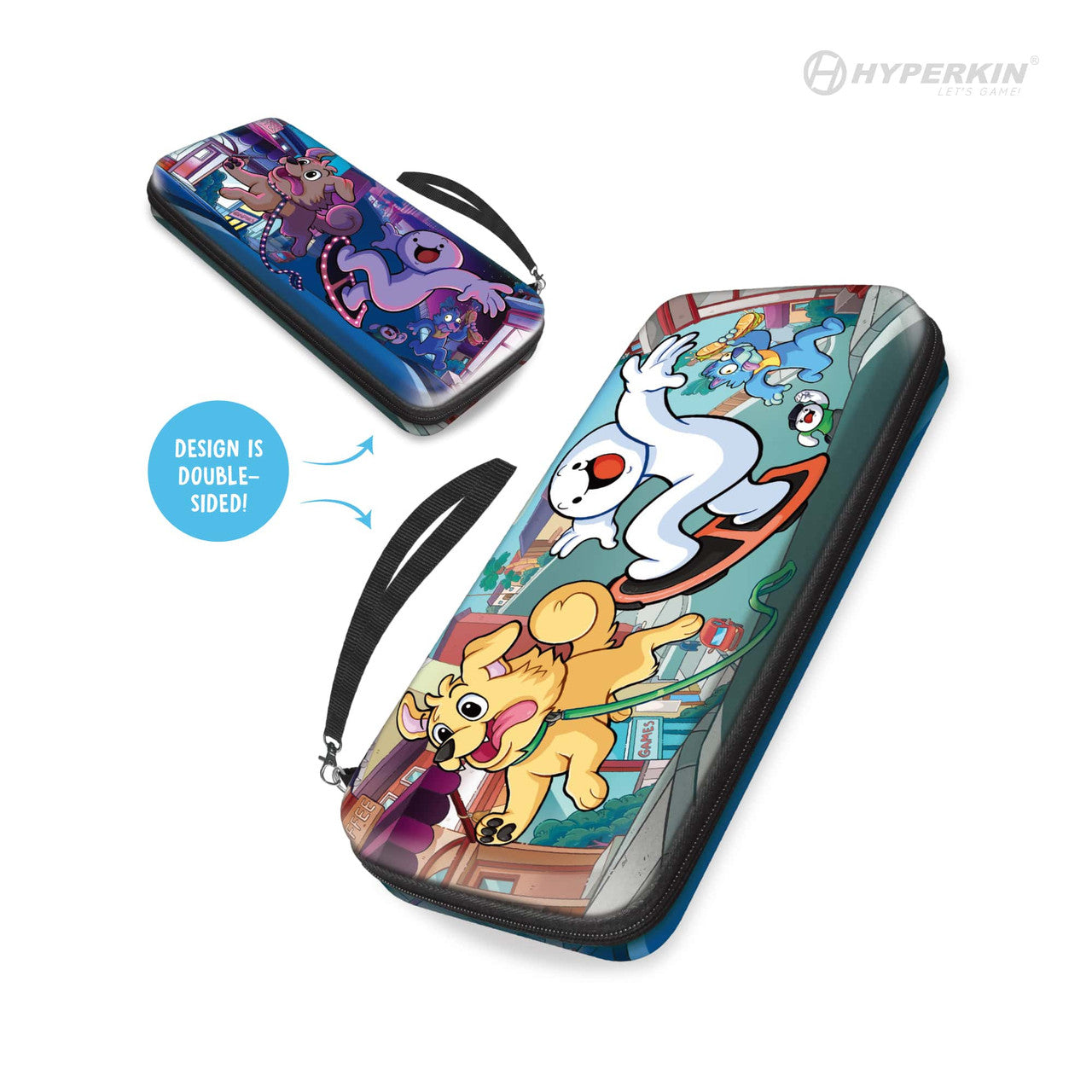 Hyperkin double-sided carrying case featuring vibrant cartoon artwork with a white character skateboarding alongside a yellow dog in an urban scene, and whimsical creatures in a nighttime setting; includes black wrist strap and Hyperkin branding.