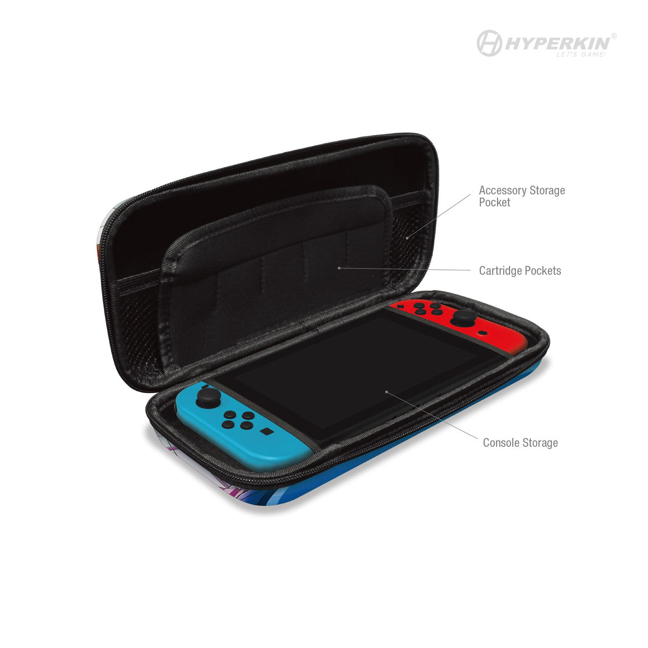Open black carrying case for Nintendo Switch with labeled compartments for console, game cartridges, and accessories; features blue and red Joy-Con controllers attached to the console.