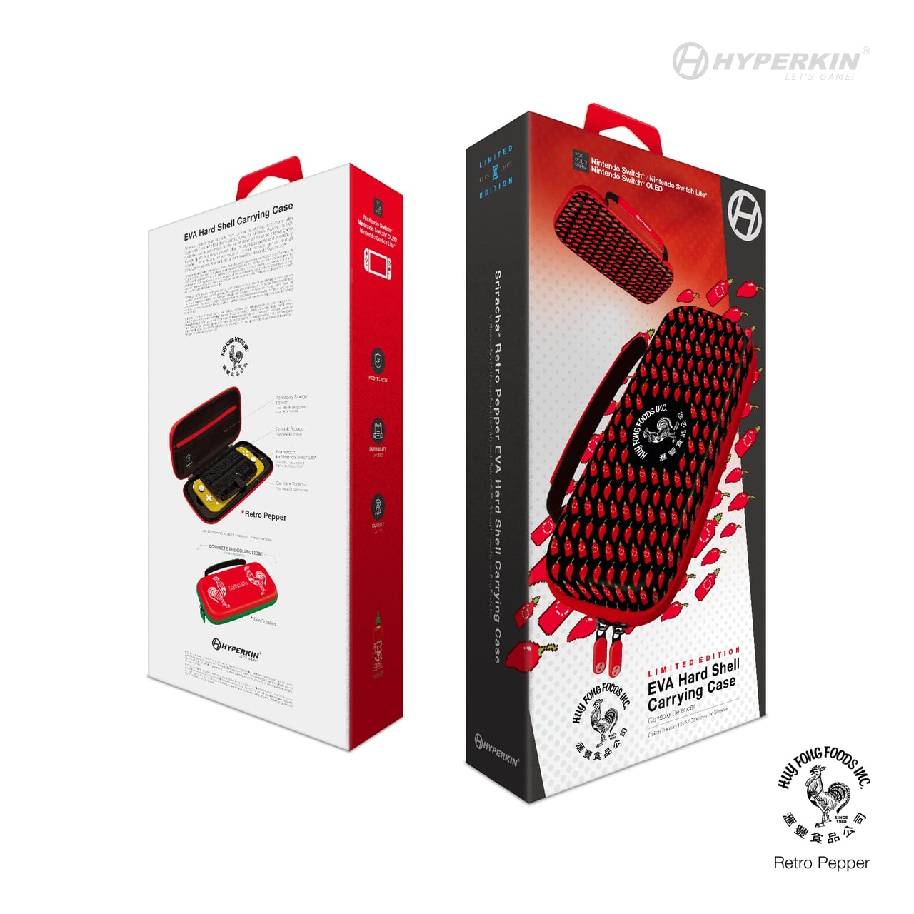Hyperkin EVA Hard Shell Carrying Case for Nintendo Switch, Retro Pepper Limited Edition packaging with red and black pepper design, showing product details and branding.
