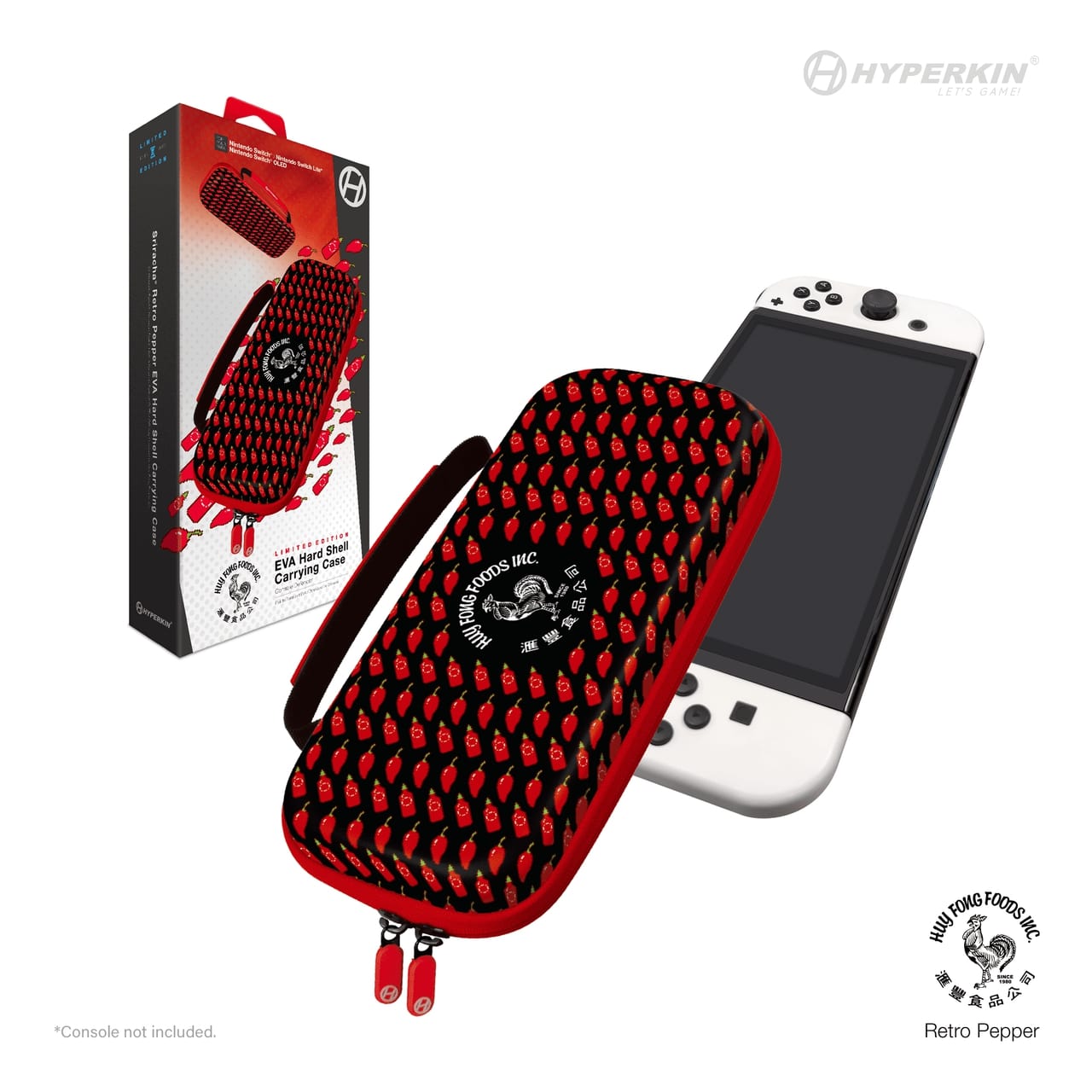 Hyperkin EVA Hard Shell Carrying Case for Nintendo Switch in red and black with hot sauce bottle pattern and Huy Fong Foods logo, displayed next to a white Nintendo Switch console and product packaging.
