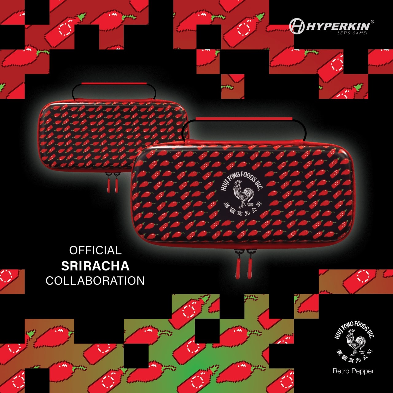 Hyperkin EVA Hard Shell Carrying Case for Nintendo Switch, red and black design with hot sauce bottle pattern and Huy Fong Foods logo, shown beside a white Nintendo Switch console and product packaging.