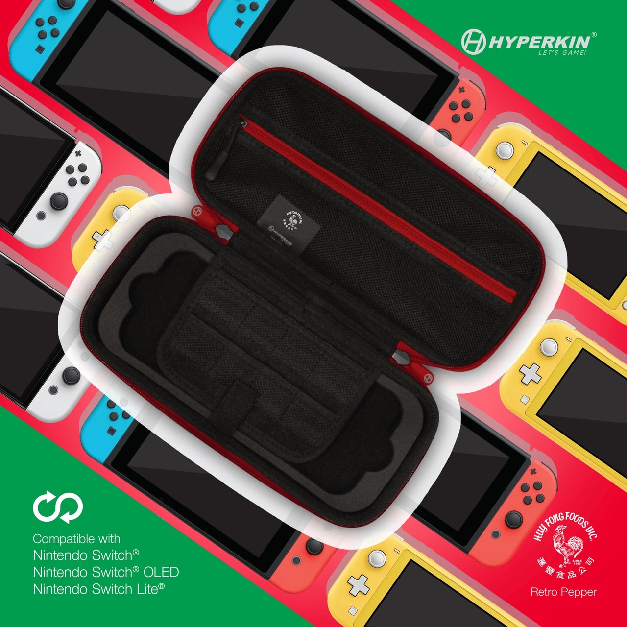 Hyperkin protective case for Nintendo Switch, Switch OLED, and Switch Lite in Retro Pepper design, open to show interior compartments, with colorful Nintendo Switch consoles in the background and Hyperkin branding.