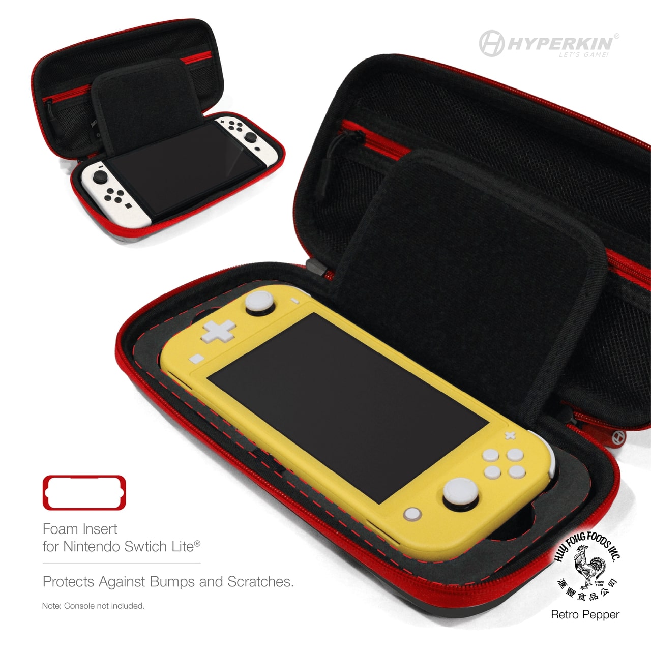 Hyperkin foam insert for Nintendo Switch Lite, displayed with a yellow and white console inside a black and red protective case, designed to prevent bumps and scratches.
