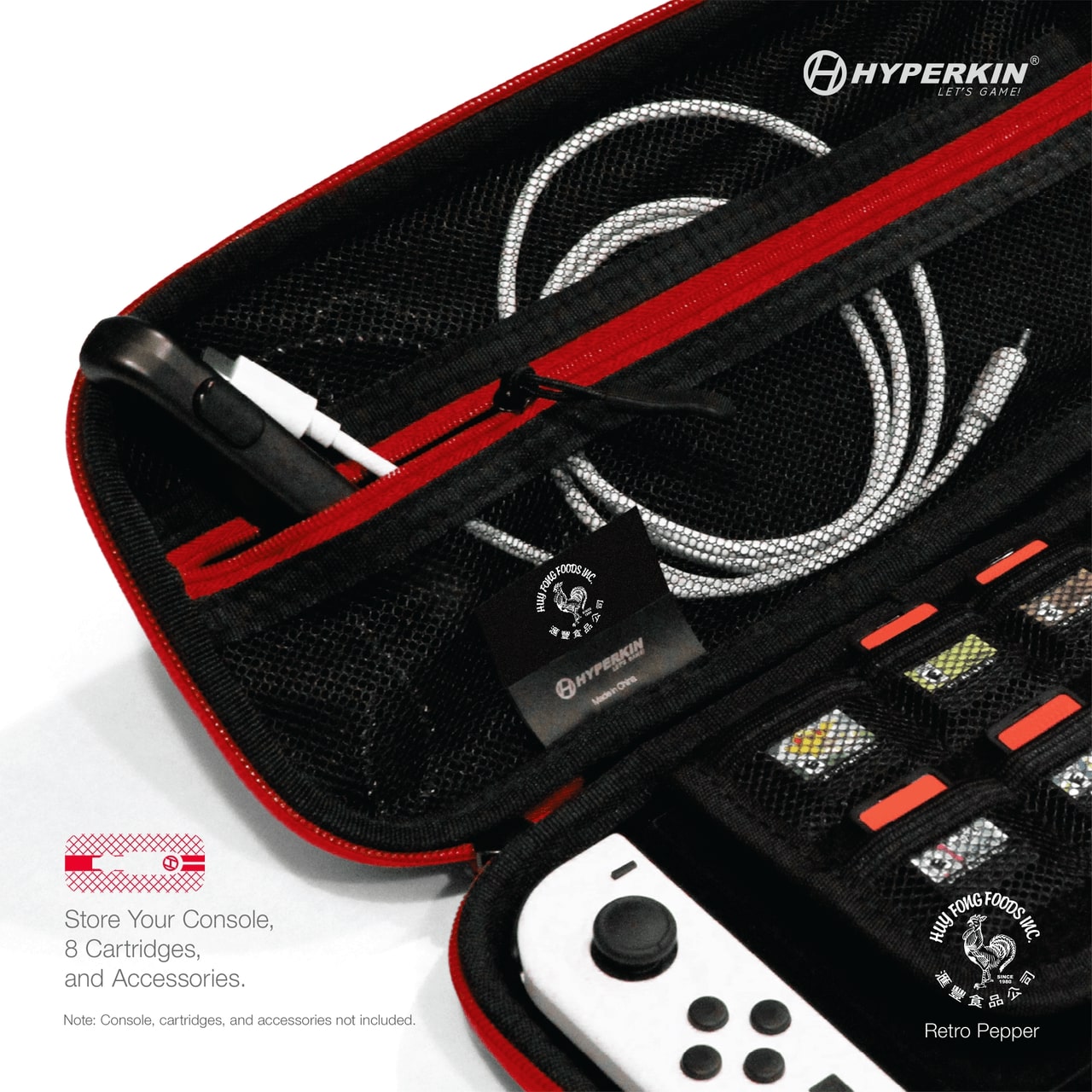 Hyperkin Retro Pepper carrying case for gaming console and accessories, open black and red design with compartments for controller, cables, and game cartridges, featuring Hyperkin branding.