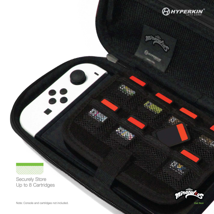 Open Hyperkin carrying case for Nintendo Switch, featuring mesh pockets for up to 8 game cartridges, visible left Joy-Con controller, and branded interior flap (console and cartridges not included).