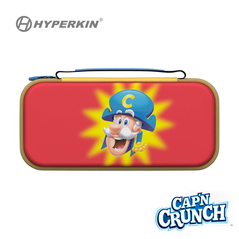 A red hard shell carrying case with an illustration of Cap'n Crunch on the front. The case has a blue zipper and the Hyperkin logo is visible.