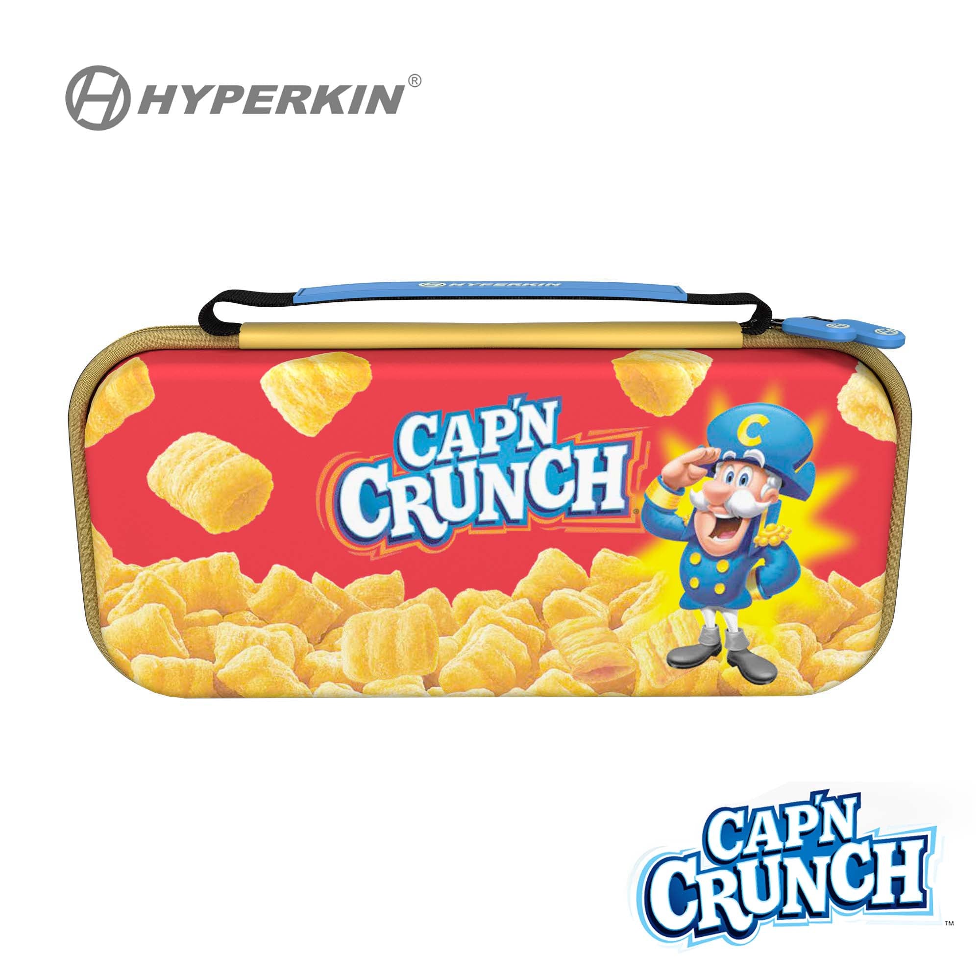Hyperkin Cap’n Crunch limited edition carrying case for Nintendo Switch, featuring red background with cereal graphics, Cap’n Crunch logo, and character illustration. Officially licensed protective case compatible with Switch, OLED, and Lite.