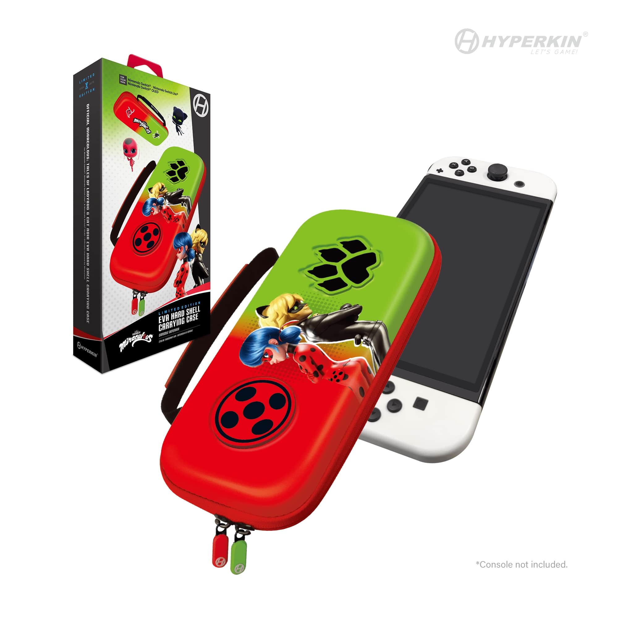 Hyperkin EVA Hard Shell Carrying Case for Nintendo Switch, featuring a bold red and green design with characters from Nintendo's fighting game "ARMS." The case is displayed next to a white Nintendo Switch console (console not included), with matching retail packaging in the background showcasing the same artwork and branding.