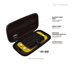 Open Hyperkin Cat Noir carrying case for Nintendo Switch Lite, featuring a yellow Switch Lite inside. The case includes labeled compartments: accessory storage pocket, foam insert, cartridge pockets, and console storage area. Designed for fans of Miraculous: Tales of Ladybug & Cat Noir. Console not included.