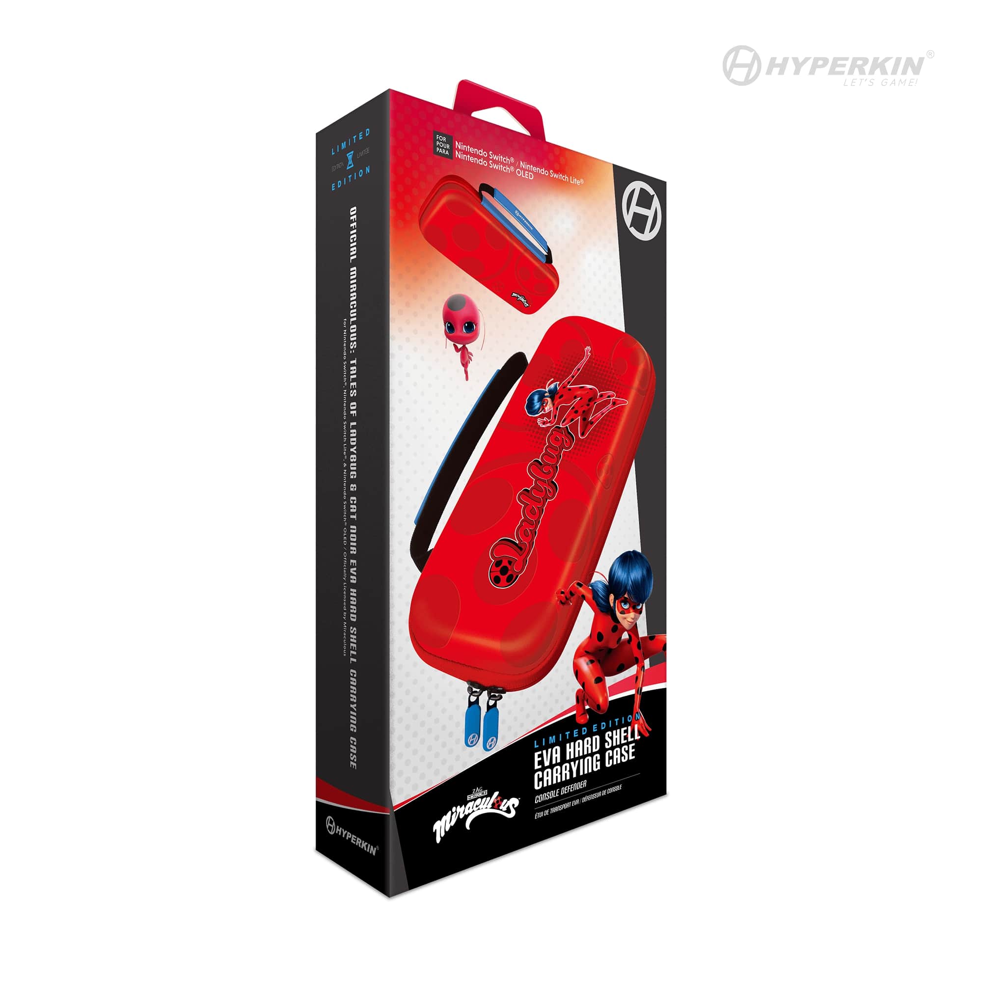 Retail packaging of Hyperkin Limited Edition EVA Hard Shell Carrying Case for Nintendo Switch, featuring a red and black Miraculous Ladybug design. The box displays Ladybug from "Miraculous: Tales of Ladybug & Cat Noir," along with Tikki, the kwami character. Includes Hyperkin and Miraculous Ladybug branding.