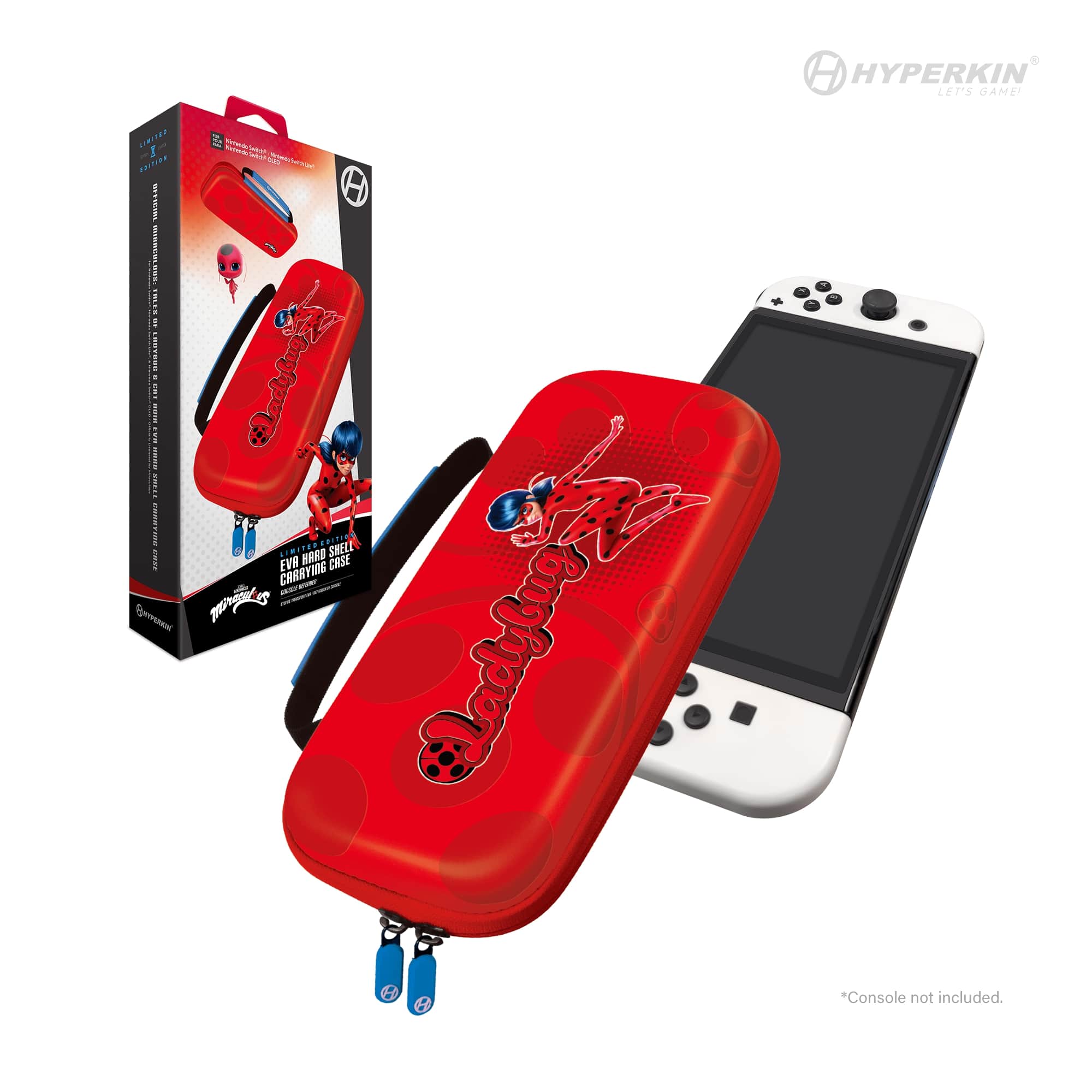 Hyperkin EVA hard shell carrying case for Nintendo Switch, featuring a bold red Ladybug design inspired by "Miraculous: Tales of Ladybug & Cat Noir." The image shows the case next to its retail packaging and a white Nintendo Switch console (console not included). Packaging highlights Ladybug artwork and official branding.