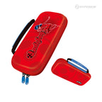 Two red Hyperkin carrying cases for Nintendo Switch featuring Ladybug designs inspired by "Miraculous: Tales of Ladybug & Cat Noir." The larger case showcases the Ladybug character in a red and black spotted costume, with blue zippers, a black handle, and stylized "Ladybug" text. A smaller matching case is displayed beside it.