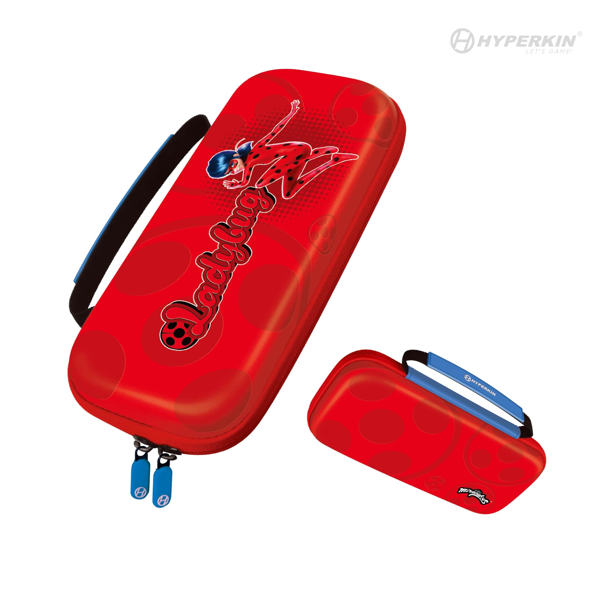Two red Hyperkin carrying cases for Nintendo Switch featuring Ladybug designs inspired by "Miraculous: Tales of Ladybug & Cat Noir." The larger case showcases the Ladybug character in a red and black spotted costume, with blue zippers, a black handle, and stylized "Ladybug" text. A smaller matching case is displayed beside it.