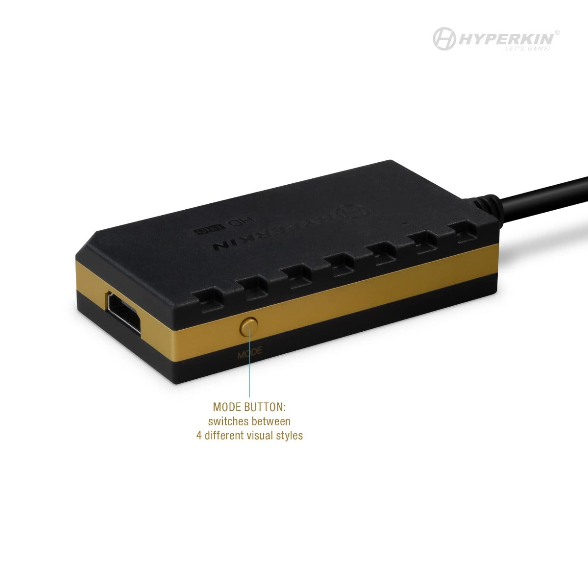 Black and gold electronic device with mode button on a white background, featuring Hyperkin branding.