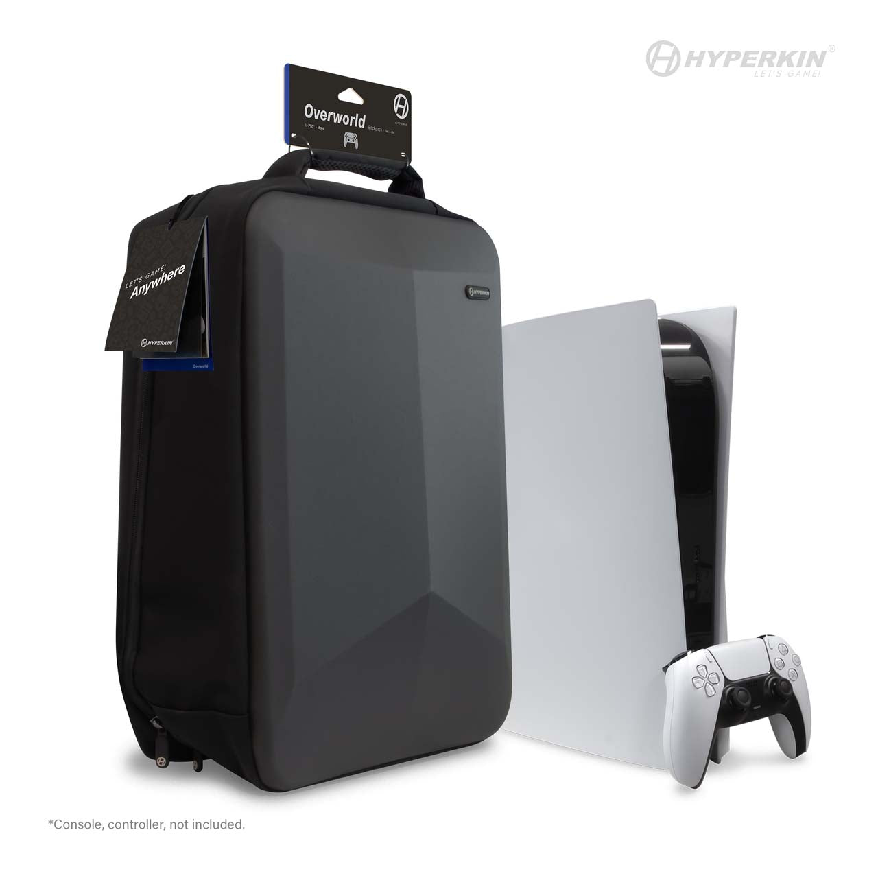 A black Hyperkin backpack designed for carrying a console, displayed with a 'PS5 Overworld' label, and a white game controller.