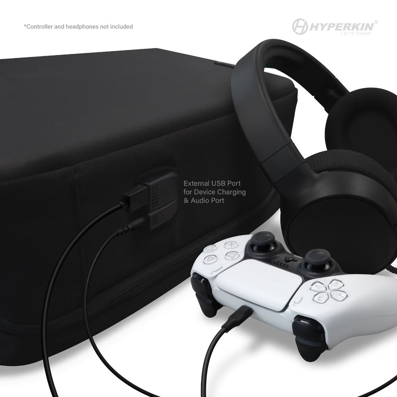 Black Hyperkin gaming accessory case with external USB and audio ports, shown with connected headphones and gaming controller. Ideal for on-the-go charging and audio access. Devices not included.