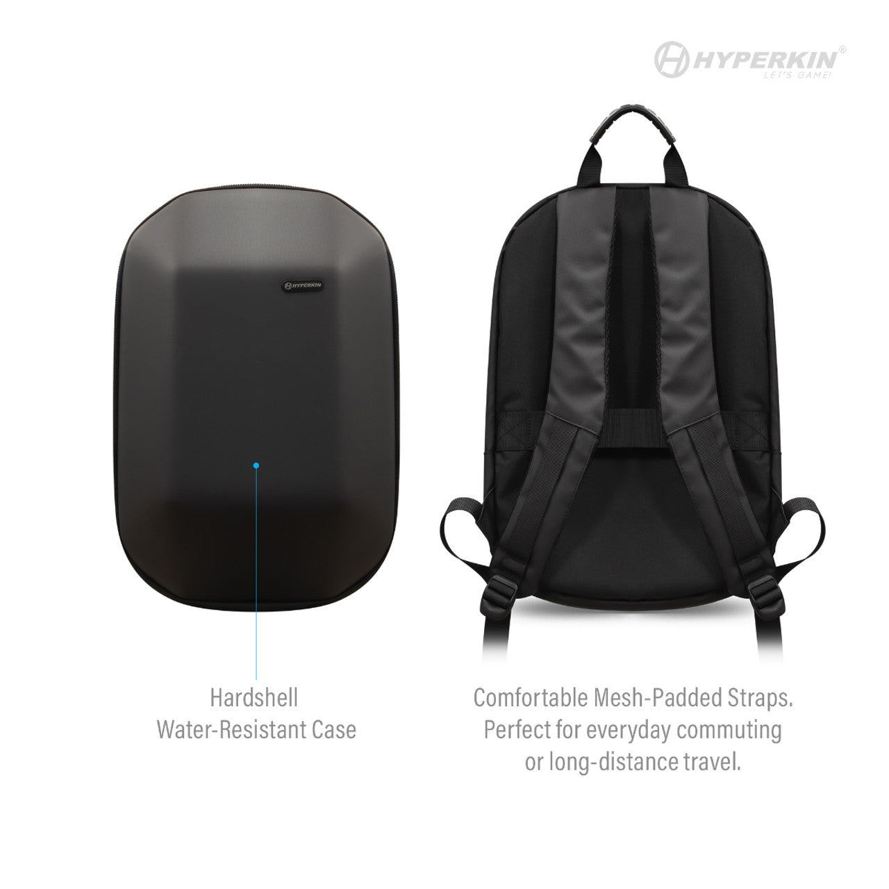 Hyperkin backpack featuring hardshell water-resistant case and mesh-padded straps for comfort. Designed for daily commuting and long-distance travel.
