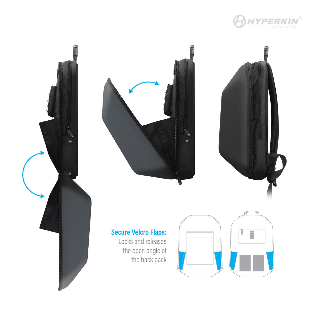 Hyperkin backpack with secure Velcro flaps shown in three stages: fully open, partially open, and closed. Includes diagram highlighting flap locations for adjustable opening angle.