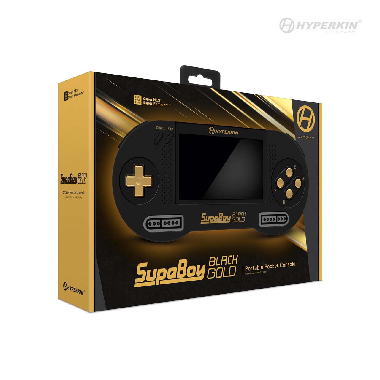Packaging for Hyperkin SupaBoy Black Gold Portable Pocket Console, featuring black and gold handheld design with screen, buttons, and branding
