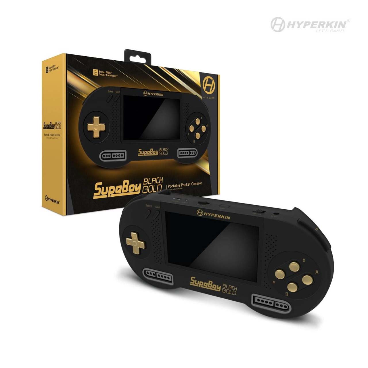 Hyperkin SupaBoy Black Gold Portable Pocket Console with black body, gold A/B/X/Y buttons, D-pad, controller ports, and branded packaging.