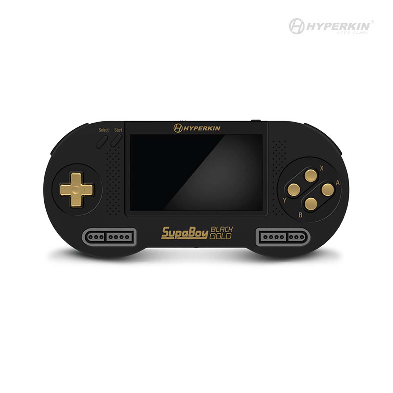 A blue and black Hyperkin SupaBoy handheld gaming console with a visible screen and control buttons.